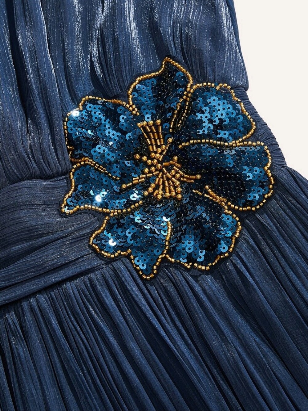 New Metallic Sequin Beaded 3D Flower Maxi Dress Ruched Waist Navy Blue - Picture 9 of 14